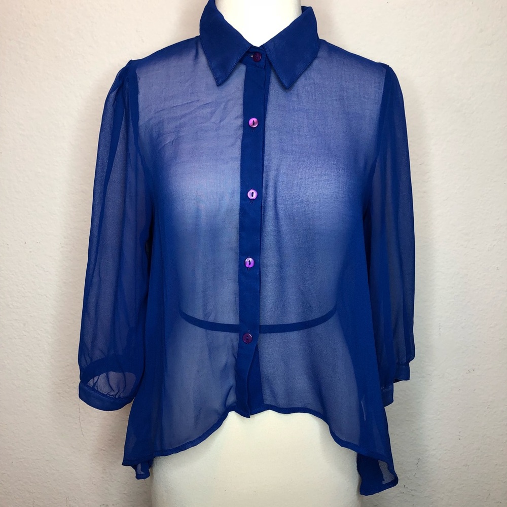 Sheer blue button up ladies top